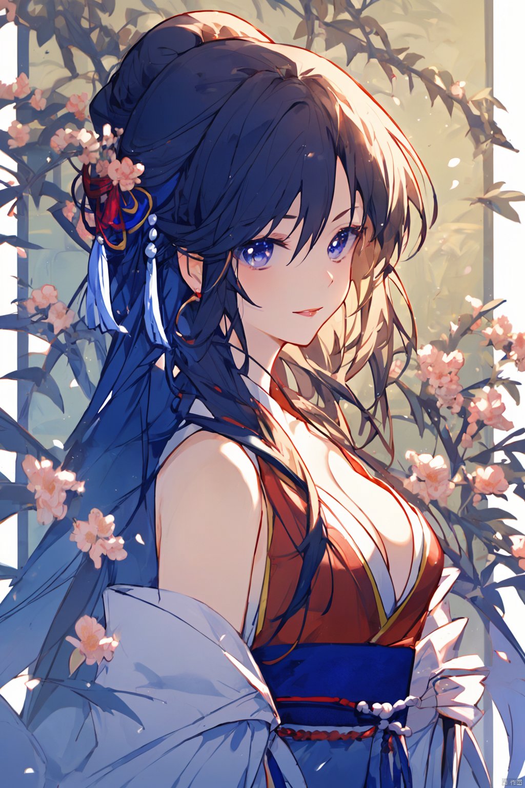  (Masterpiece:1.2, high quality),(pixiv:1.4),Eyebrows like willow leaves,The face is as beautiful as a flower,the eyes are tender. Small waist,big breasts,revealing cleavage; Lips slightly open,seductive expression.,girl,, mwuxia, mxianv