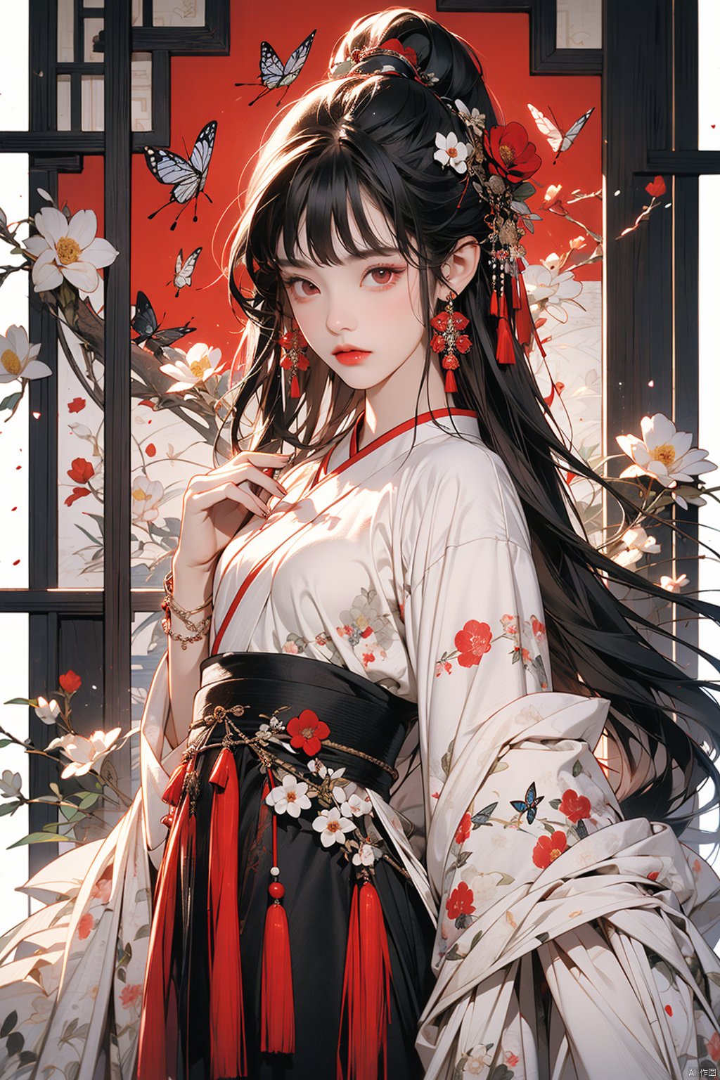  1girl, solo, Chinese clothes,

long hair, butterfly, pale skin, bug, black hair, Hanfu, hime cut, bangs, bracelet, blunt bangs, jewelry, red eyes, (flower Theme),cowboy shot, (alive skin), mxianv