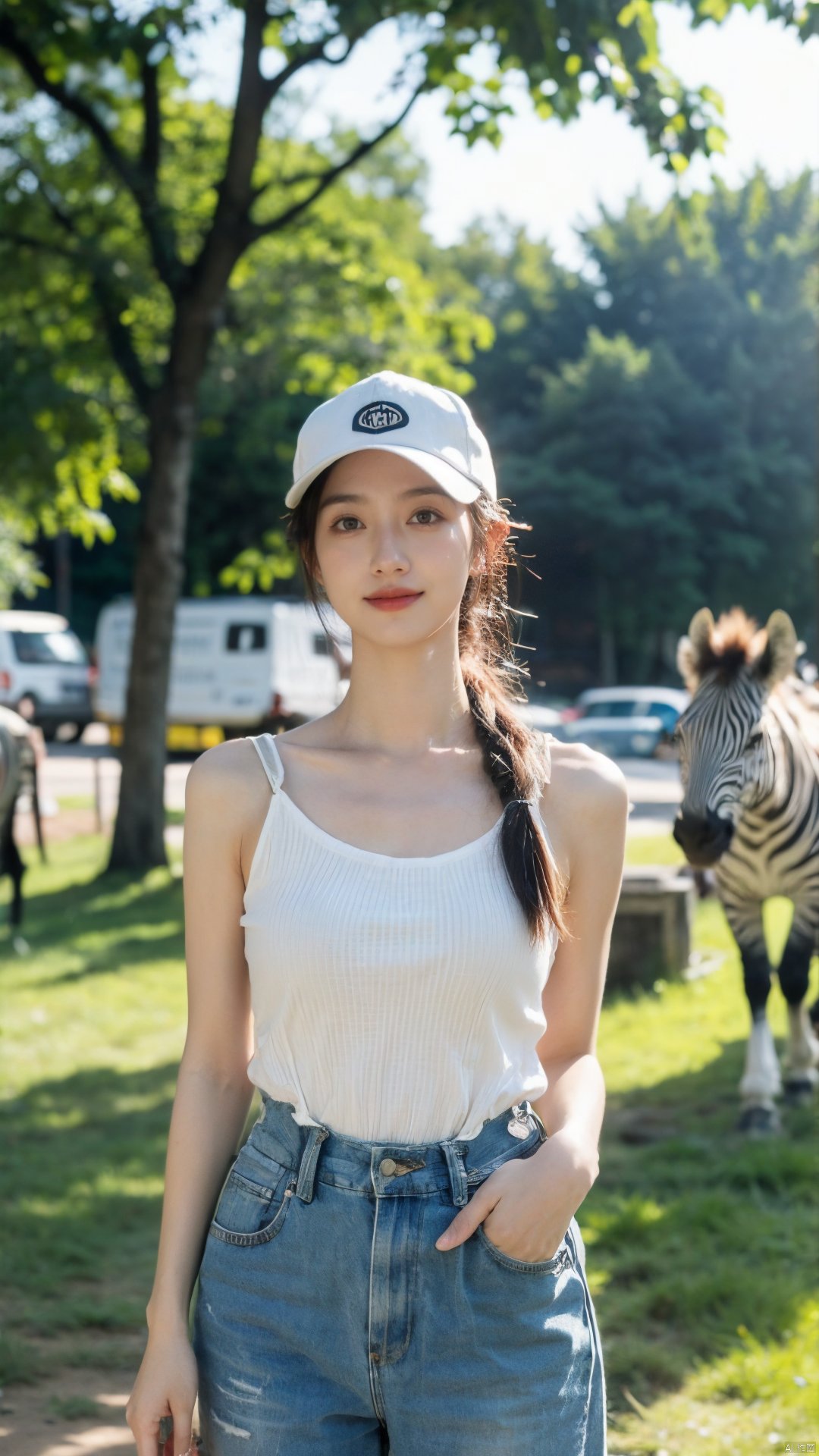  he image features a young Asian woman posing in front of a zebra in what appears to be a wildlife park. She is wearing a white camisole and overalls, and is holding up a baseball cap. The woman has her hair tied back in a ponytail, and she is looking directly at the camera with a slight smile on her lips.

The lighting in the image is soft and flattering, creating a sense of warmth and tranquility. The colors are vibrant, with the woman's white camisole and overalls standing out against the natural backdrop of the zebra and the surrounding greenery. The quality of the image is excellent, with clear details of the woman's features and the animal in the background.

From a style perspective, the woman's outfit is casual yet stylish, with the baseball cap adding a sporty touch. Her overall pose and expression convey a sense of confidence and ease, as if she is comfortable in her surroundings and enjoying the moment.

In terms of quality, the image is well-composed and well-lit, with the woman's face and the zebra in the background both clearly visible. The colors are vibrant and true to life, adding to the overall sense of realism and authenticity.

The woman's outfit, pose, and expression all work together to create a sense of harmony and balance in the image. Her confidence and ease are evident, and her connection to the zebra in the background adds a sense of depth and meaning to the photograph. Overall, this is an excellent image that effectively captures the beauty and essence of the subject and her surroundings., 1girl