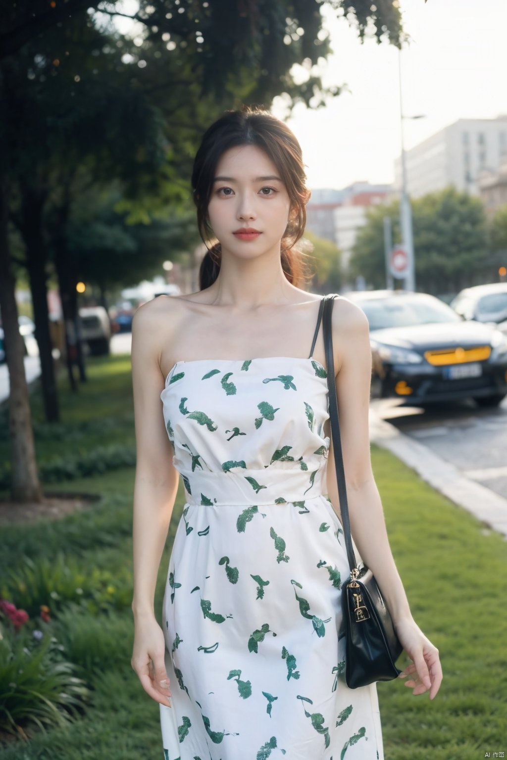  The image features a confident young woman standing outdoors on a green carpet. She is wearing a white dress with a green alligator print and carries a brown shoulder bag. Her posture and facial expression convey a sense of determination. The lighting is soft and flattering, casting a warm glow on her skin. The color palette is predominantly green and brown, with a dynamic contrast between the two. The woman's outfit, pose, and facial expression all work together to create a powerful and memorable image.