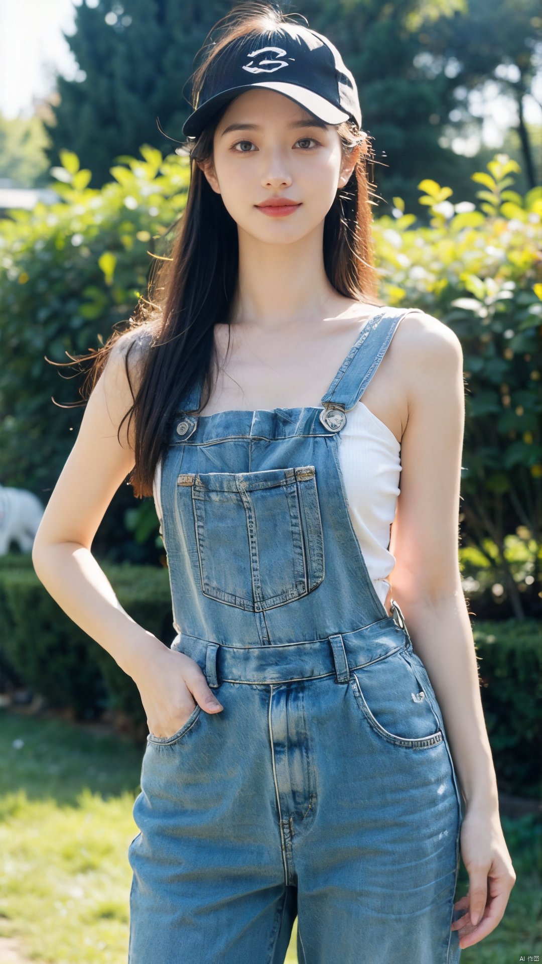  he image features a young Asian woman posing in front of a zebra in what appears to be a wildlife park. She is wearing a white camisole and overalls, and is holding up a baseball cap. The woman has her hair tied back in a ponytail, and she is looking directly at the camera with a slight smile on her lips.

The lighting in the image is soft and flattering, creating a sense of warmth and tranquility. The colors are vibrant, with the woman's white camisole and overalls standing out against the natural backdrop of the zebra and the surrounding greenery. The quality of the image is excellent, with clear details of the woman's features and the animal in the background.

From a style perspective, the woman's outfit is casual yet stylish, with the baseball cap adding a sporty touch. Her overall pose and expression convey a sense of confidence and ease, as if she is comfortable in her surroundings and enjoying the moment.

In terms of quality, the image is well-composed and well-lit, with the woman's face and the zebra in the background both clearly visible. The colors are vibrant and true to life, adding to the overall sense of realism and authenticity.

The woman's outfit, pose, and expression all work together to create a sense of harmony and balance in the image. Her confidence and ease are evident, and her connection to the zebra in the background adds a sense of depth and meaning to the photograph. Overall, this is an excellent image that effectively captures the beauty and essence of the subject and her surroundings., 1girl