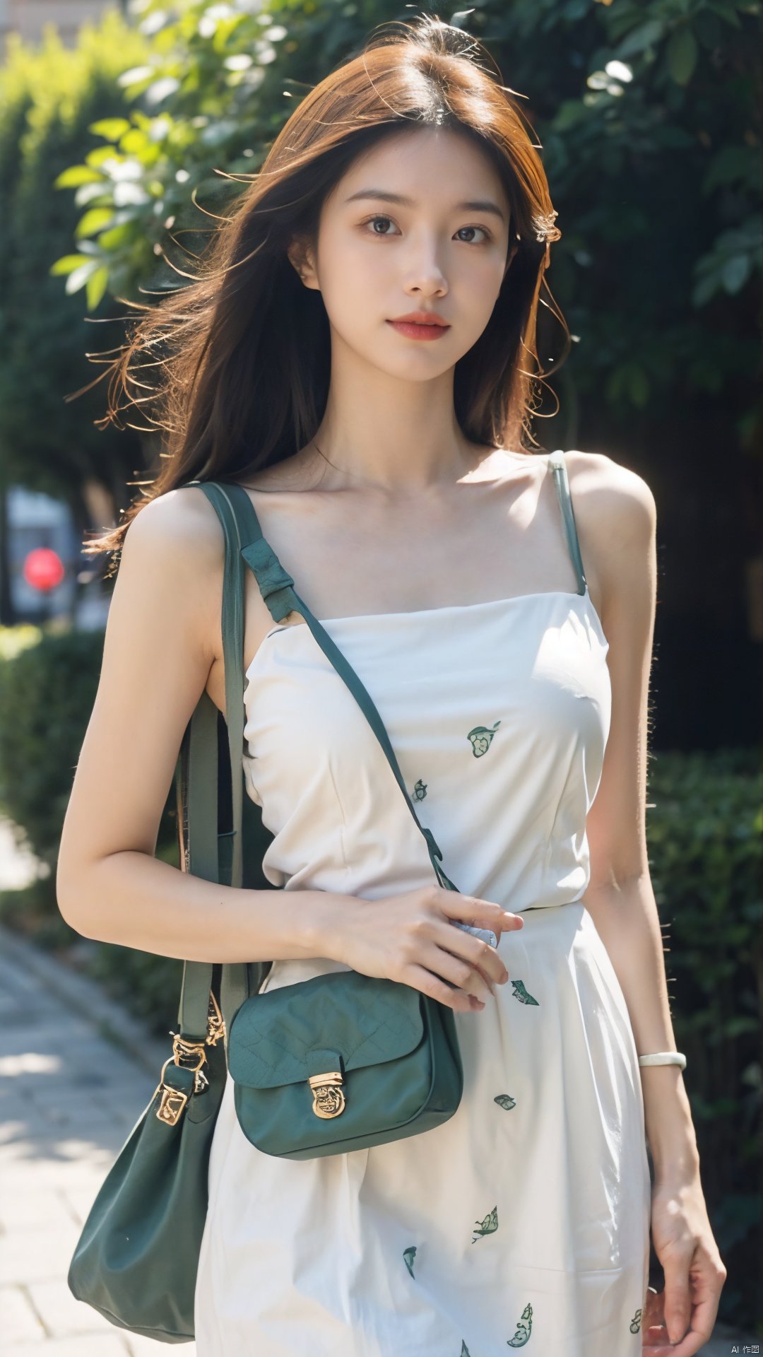 The image features a confident young woman standing outdoors on a green carpet. She is wearing a white dress with a green alligator print and carries a brown shoulder bag. Her posture and facial expression convey a sense of determination. The lighting is soft and flattering, casting a warm glow on her skin. The color palette is predominantly green and brown, with a dynamic contrast between the two. The woman's outfit, pose, and facial expression all work together to create a powerful and memorable image.