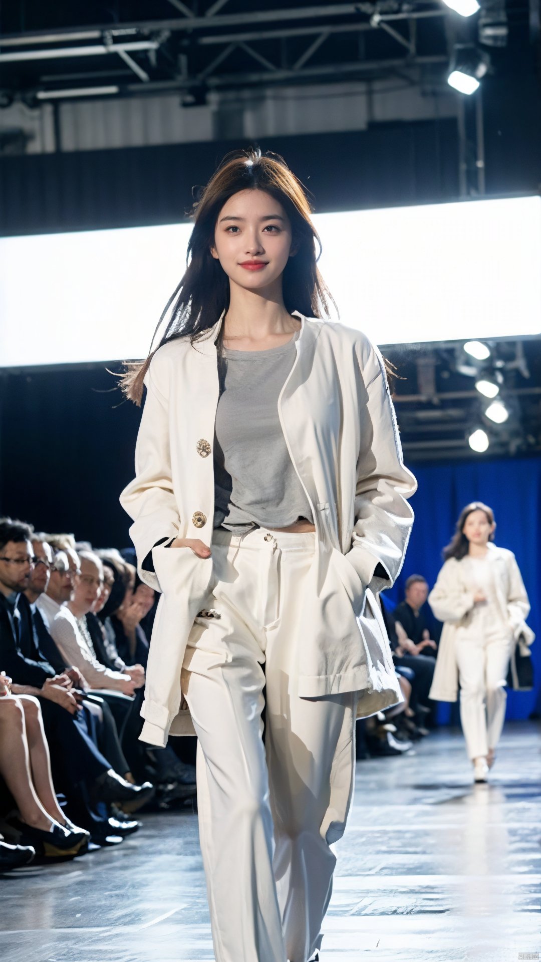 The image shows a model walking down a runway in a bright blue coat and white trousers. The runway is set in a spacious, well-lit environment with multiple spotlights. The model exudes confidence and grace, with a slight smile on her face and her hands held by her sides. It appears to be a highly successful and memorable runway show.