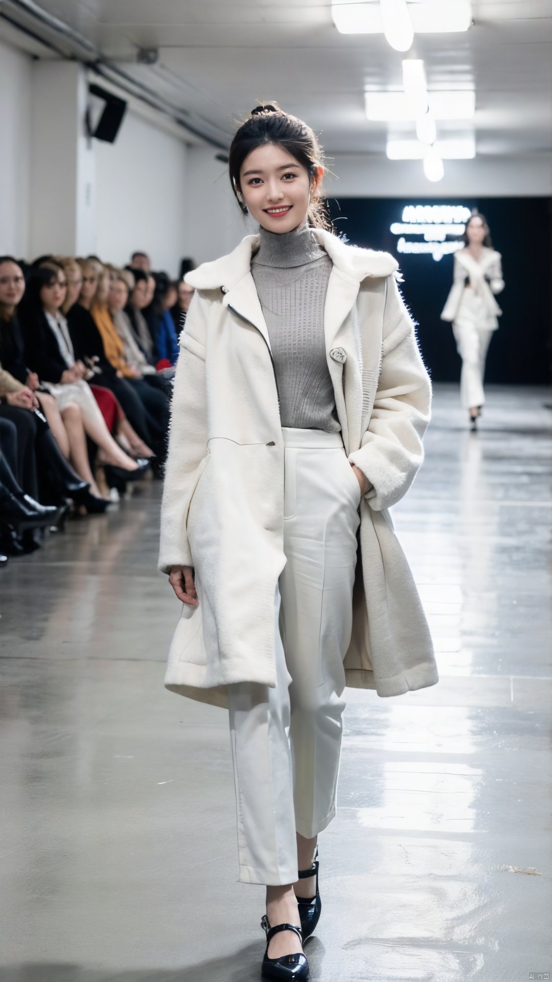  The image shows a model walking down a runway in a bright blue coat and white trousers. The runway is set in a spacious, well-lit environment with multiple spotlights. The model exudes confidence and grace, with a slight smile on her face and her hands held by her sides. It appears to be a highly successful and memorable runway show.