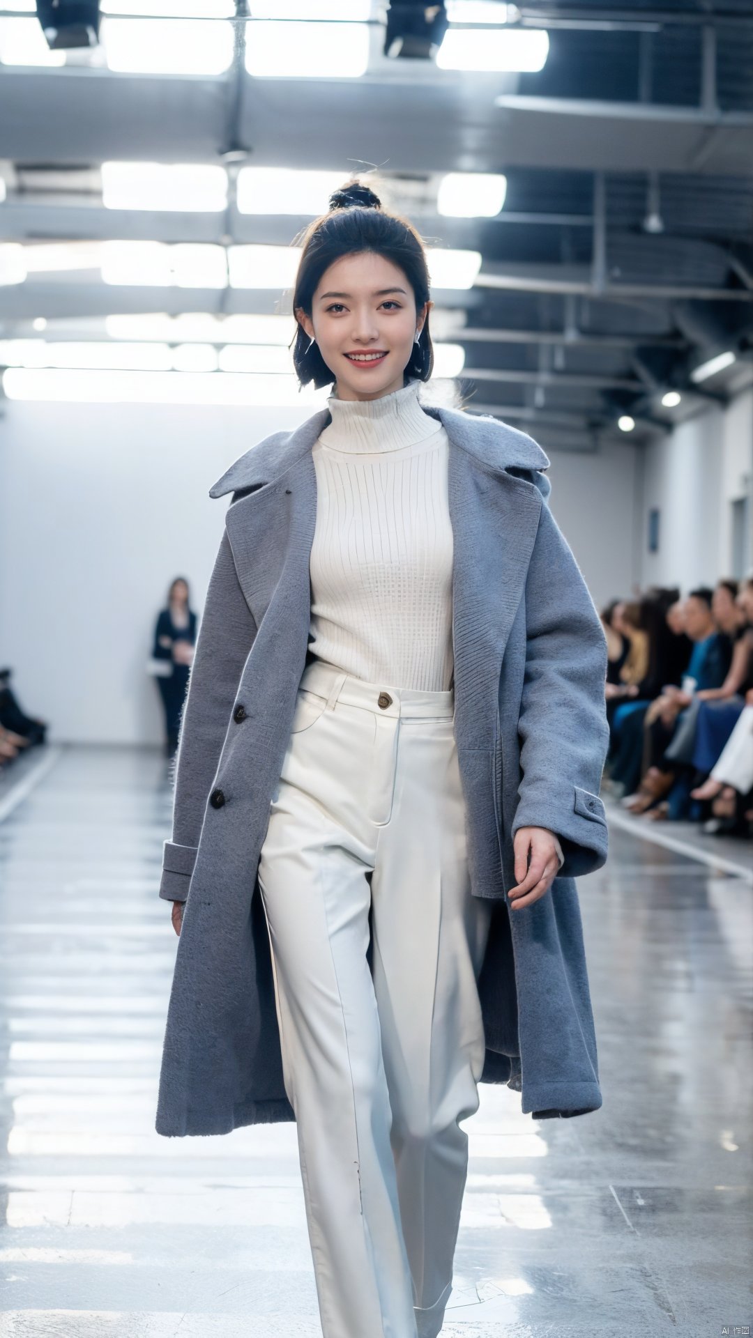  The image shows a model walking down a runway in a bright blue coat and white trousers. The runway is set in a spacious, well-lit environment with multiple spotlights. The model exudes confidence and grace, with a slight smile on her face and her hands held by her sides. It appears to be a highly successful and memorable runway show.