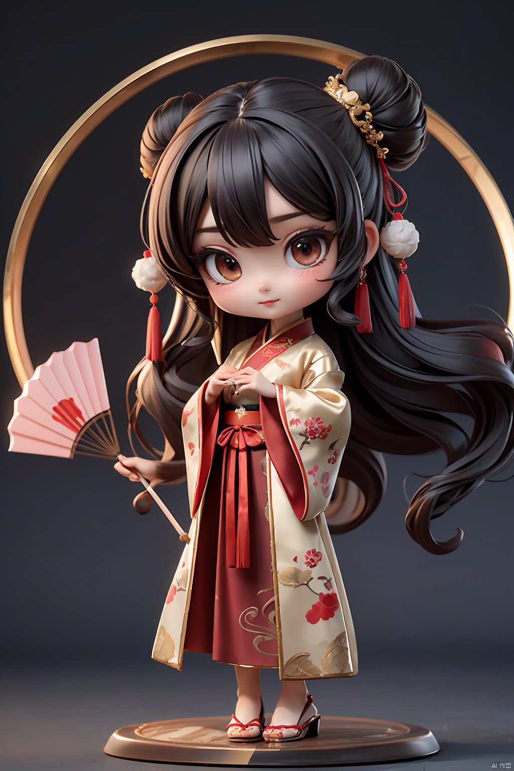 Best quality, masterpiece, 1 girl, chibi, wearing hanfu, [Chinese Valentine's Day theme],low saturation theme, looking at viewer,embroidered robe with exquisite details, gentle and demure disposition, elegant and graceful movements, silk slippers with golden embroidery,Arch bridge, slustrous black hair styled in a neat bun, graceful and precise hand movements, a humble and obedient demeanor, surrounded by the fragrance of flowers and the sound of flowing water,Handheld fan,fan,Chinese fan