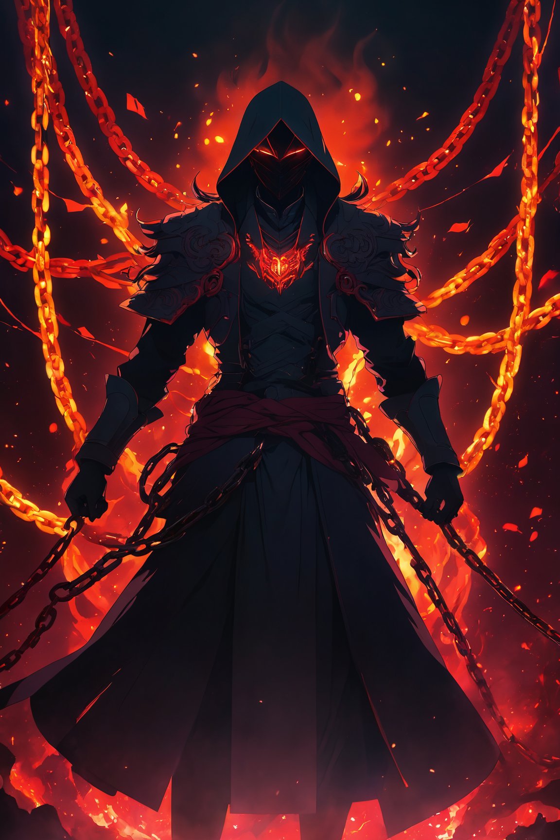 (Anime-style:1.3), (Dark and intense:1.2), A striking anime character, shrouded in shadows and poised for battle, stands against a deep crimson background adorned with menacing chains. Glowing red hollow fire particles dance around the scene, creating an otherworldly ambiance. The unique pastel look adds an ethereal touch to this dramatic and visually intense composition.,NylaUsha