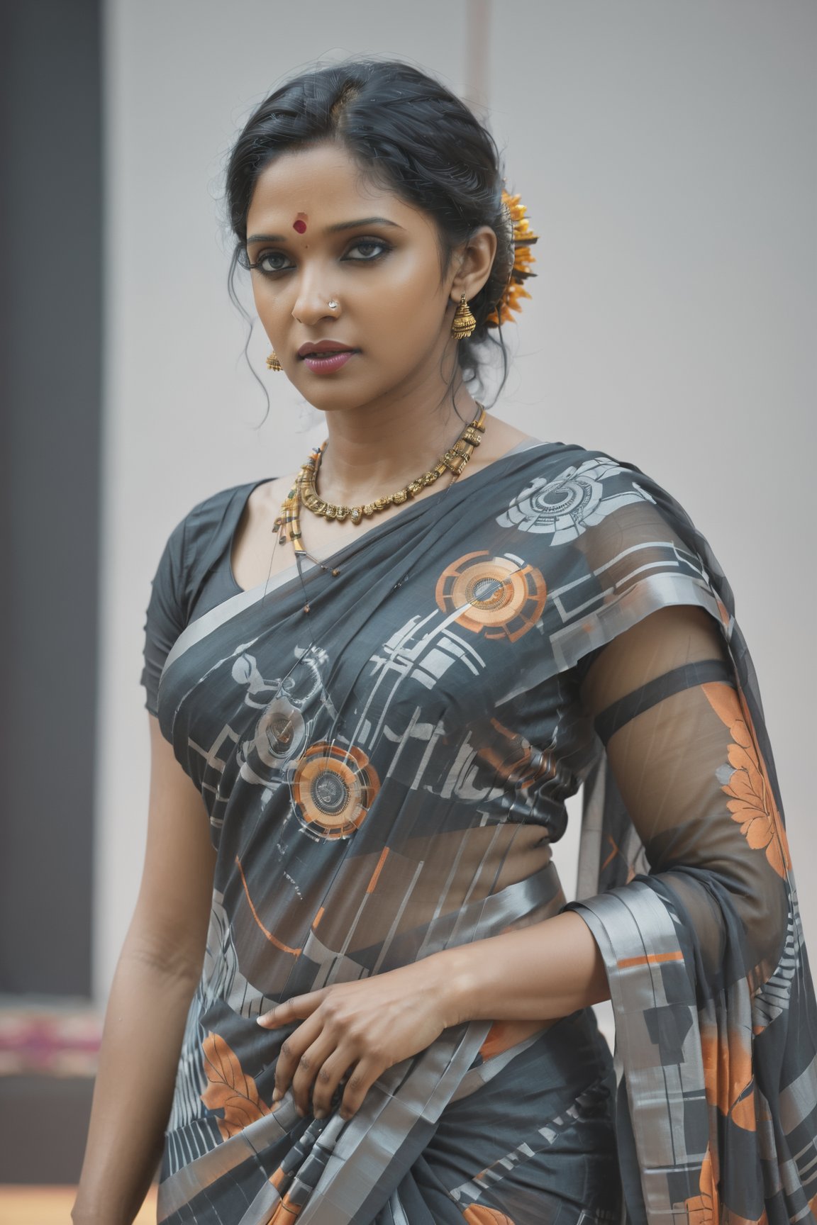 (Nyla Usha:1.4)highly detailed, sharp focus, textures, Nyla Usha:1.3), ultra detail.,Indian,Saree,Realism,Woman,Amala Paul,NylaUsha,Actress,more detail XL,cyberpunk style