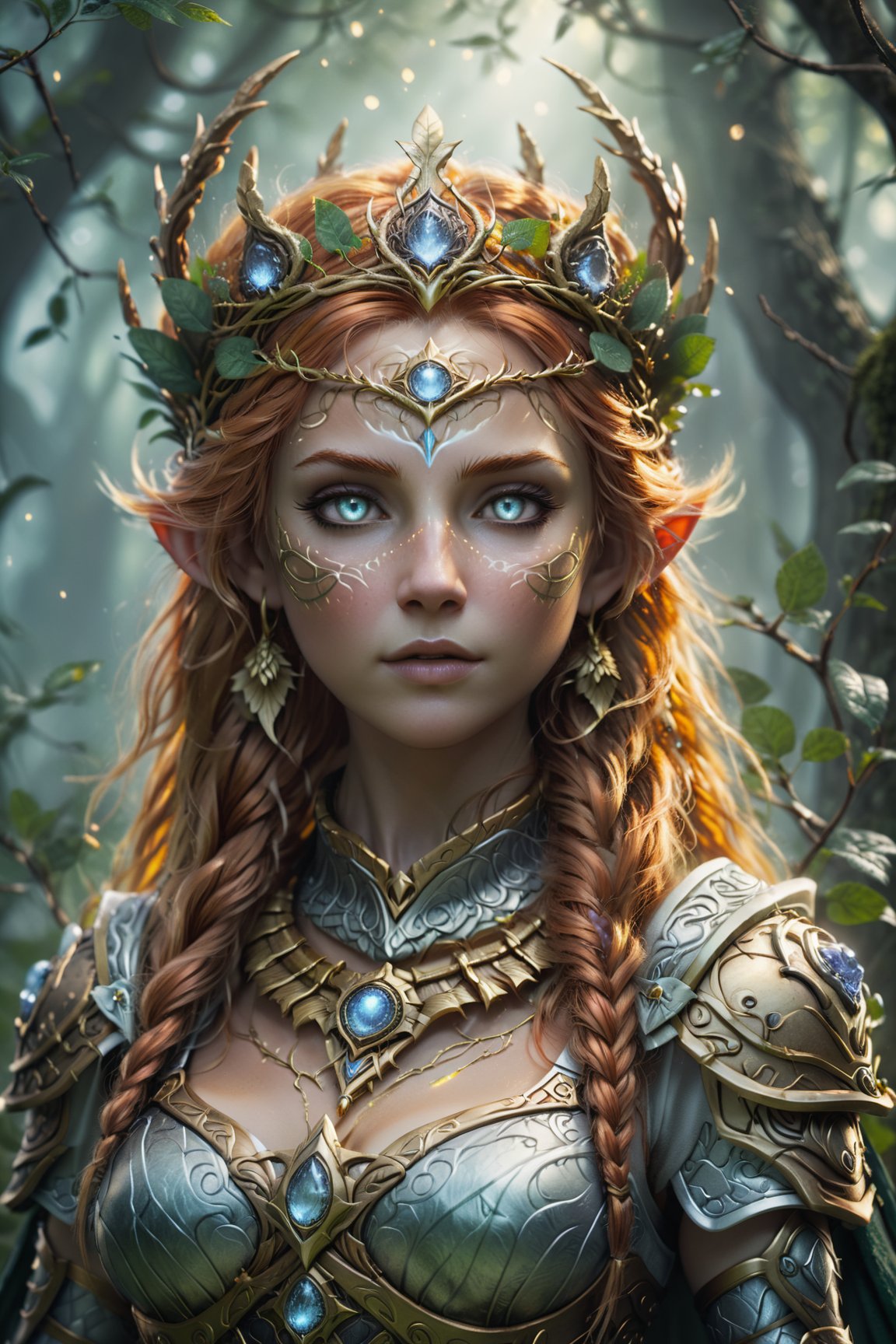 ultra detailed druid goddess with a crown made out of pure light, kind-hearted with a penetrating gaze, golden glow, extremely detailed and beautiful face, gorgeous body, soft copper-colored hair, she wears druid armor, ethereal, magical glow, fantasy art by Mschiffer, ultra sharp focus, ethereal glowy smoke, light particles, roses and vines, brambles

,dfdd,more detail XL,NylaUsha
