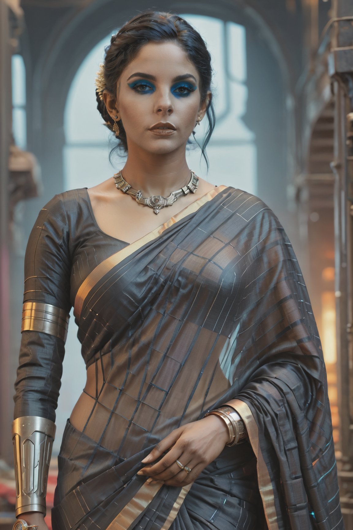 (Nyla Usha:1.2)highly detailed, sharp focus, textures, ultra detail.,Indian,Saree,Realism,Woman,Amala Paul,NylaUsha,Actress,more detail XL,cyberpunk style