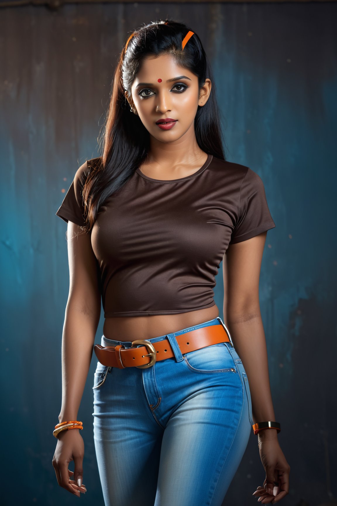 (Nyla Usha:1.3), (RAW photo, best quality), (realistic, photo-Realistic:1.3), best quality, masterpiece, beautiful and aesthetic, 16K, (HDR:1.4), high contrast, (vibrant color:1.4), (muted colors, dim colors, soothing tones:0), cinematic lighting, ambient lighting, sidelighting, Exquisite details and textures, cinematic shot, Warm tone, (Bright and intense:1.2), wide shot, by xm887, ultra realistic illustration, siena natural ratio, 	head to thigh portrait,	dark brown ponytail hairstyle,	Orange	bracelet, skintight White latextrousers in 5-pocket-jeans-style with a black belt, a black latexblouse, shiny black highheels, 	alluring neighbor's wife, 28yo,	Aqua eyes,		juicy lips, Long Eyelashes, Hourglass body, thin waist, 	Digital art, by IrinaKapi, sf, intricate artwork masterpiece, ominous, matte painting movie poster, golden ratio, trending on cgsociety, intricate, epic, trending on artstation, by artgerm, h. r. giger and beksinski, highly detailed, vibrant, production cinematic character render, ultra high quality model,NylaUsha