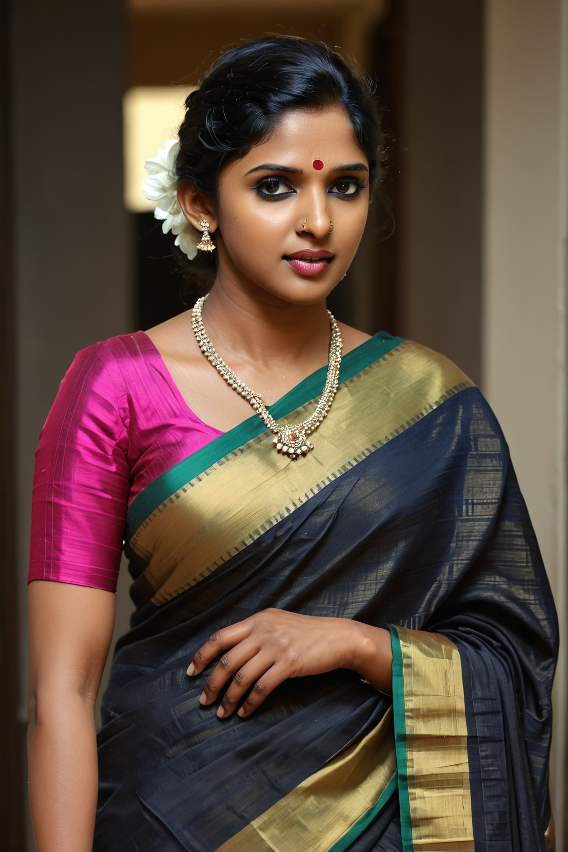 (Nyla Usha:1.2)highly detailed, sharp focus, textures, ultra detail.,Indian,Saree,Realism,Woman,Amala Paul,NylaUsha,Actress,more detail XL