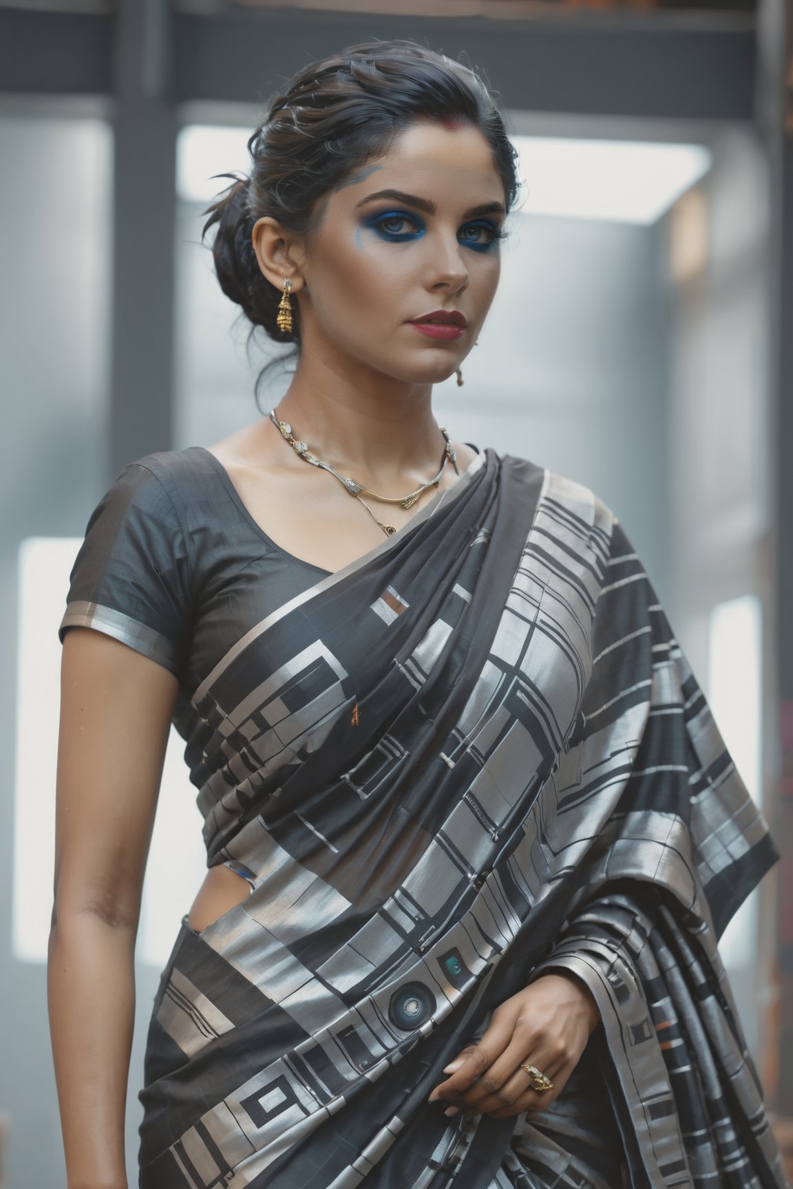 (Nyla Usha:1.2)highly detailed, sharp focus, textures, ultra detail.,Indian,Saree,Realism,Woman,Amala Paul,NylaUsha,Actress,more detail XL,cyberpunk style
