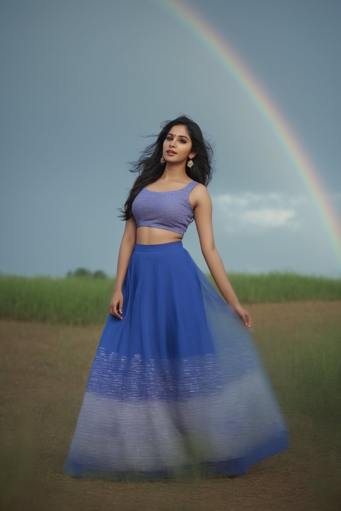 Nyla Usha, ((High resolution)),((high detailed)),photorealistic, ((masterpiece)), (Nivetha Pethuraj:1.1) ,wide angle shot,20 year girl,mallu girl,golden spiral composition for photography, ((bottom-heavy pear body-structure:1)), woman in heavenly nature,lavender field,bloomed,lavender particuls in wind,(passion and joyful 1:1), (perfect highlights and shadows 1:1, night photography,Moody climate , natural lighting 1:1,marvellous depth in scene),tenderness and passion,4k skin texture 1:1,soaked clothes,(women possess medium breast with megnificent shape) ,(fit belly,Wider hip, Big butt, thick thighs,big ass,broder hips,curvy-hips),(woman in traditional embroidery work silk skirt top ee 1:1), woman with black hair,long hair,wind gently lift's hair.patch of cloudy sky, rainbow ,thundering on sky ,rain 1:1, gentle cold wind ,depth_of_field, camera wide angle 80mm f2.0 ,evening, very beautiful, highest quality,4k skin texture, 8k, hard shadows, perfectionism, RAW photo, masterpiece, photorealistic, best quality, intricate details, 8k, hard shadows, volumetric lighting, sharp focus, ultra detailed, 4k, uhd, sharp lens, depth of field, natural wonder, epic, perfect, elegant, expressive, nice looking,(((perfect hands))),Extremely Realistic.,Indian girl ,cinematic  moviemaker style,Movie Still,photo r3al,NylaUsha