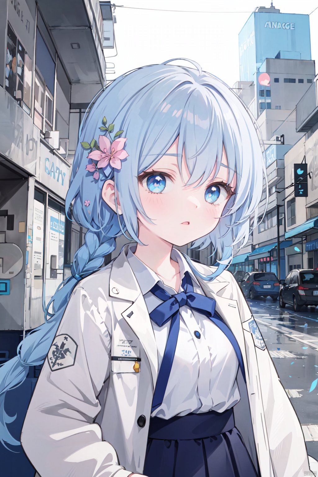 (eromange),upper body,(labcoat),cityscape,city,((ray tracing)),(loli),(solo),(petite),Reflected light,((blue hair))++(blue eyes)++Messy hair++Flipped hair++floating hair++(((braid))),large breasts,(very Brilliant brilliance),(very detailed light),(Beautiful Lighting),loli,Pink hair,Yellow eyes,high ponytail,high ponytail, ,hair flower,facula,spot,messy hair,fipped hair,floating hair,(petite),(loli),(solo),(petite)