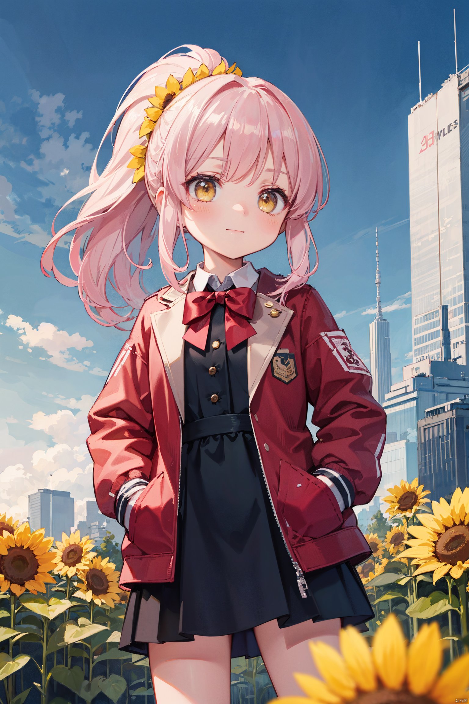  (best quality), ((masterpiece)), (highres),standing,original, extremely detailed wallpaper, (an extremely delicate and beautiful),(loli：1.2),(petite:1.2),Pink hair,Yellow eyes, (red Jacket),high ponytail,white collared shirt,hair flower,fipped hair,floating hair,Frown,hands in pockets,black dress,red bowtie,(solo),sky, skyline, skyscraper, smile, solo, sunflower, tower, upper_body,white flower