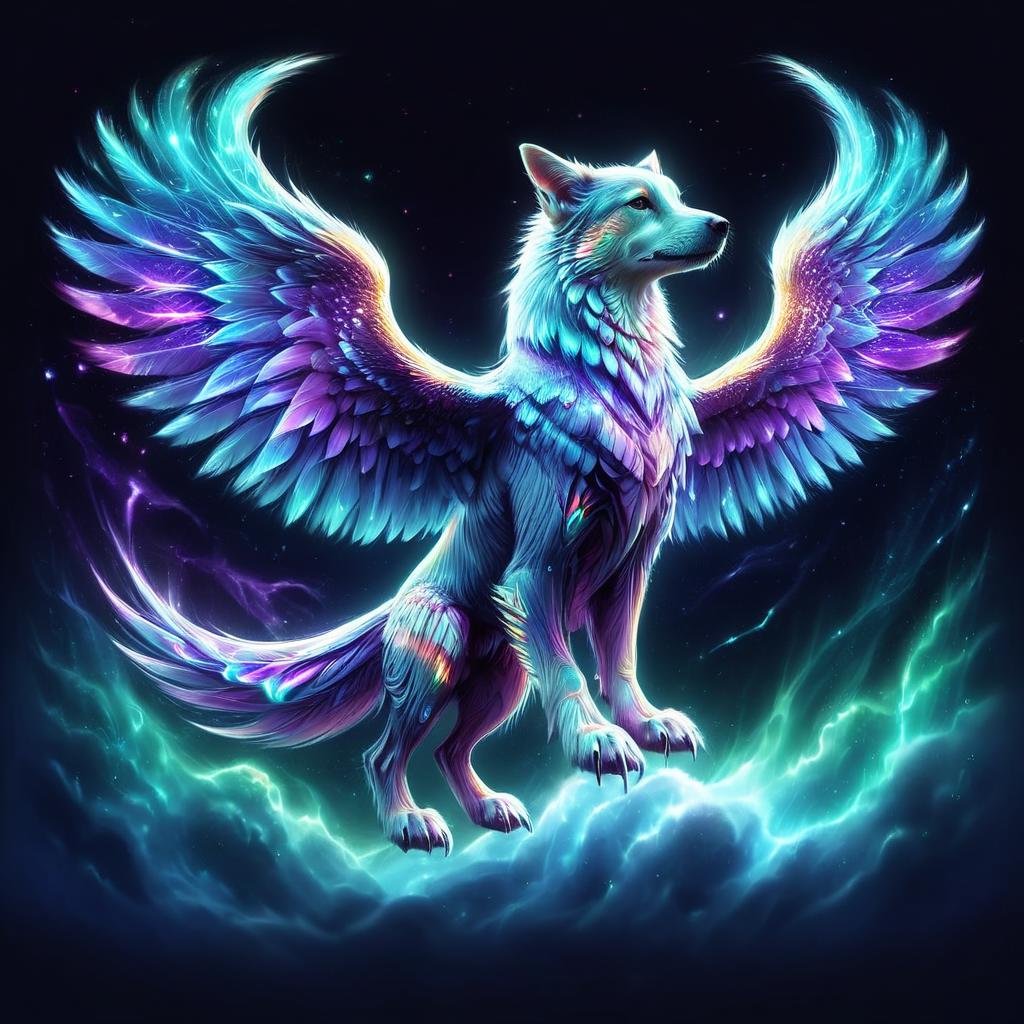 arrstyle<lora:arrstyle:1>, gigantic swift root-like retro canine life form, 1 leg multipedal, six-fingered hands,  bushy-tailed, icy scales,    celestial wings ((captivating,stencil,silver brownian motion,translation,amethyst purple,amethyst luminescent ,zigzag lines,dotted lines,cybernetic storms,gaseous,hexagonal prism,drifting,time travel,heart magic:1.0) wings attached to the back),