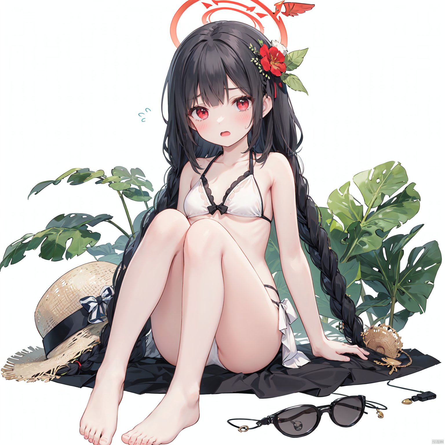 1girl, swimsuit, hat, halo, red eyes, solo, feet, barefoot, toes, bikini, miyu (blue archive), soles, braid, long hair, black hair, sitting, twin braids, white background, looking at viewer, straw hat, open mouth, simple background, white bikini, leaf, blush, bare legs, bangs, small breasts, flying sweatdrops, full body, breasts,,,,,,