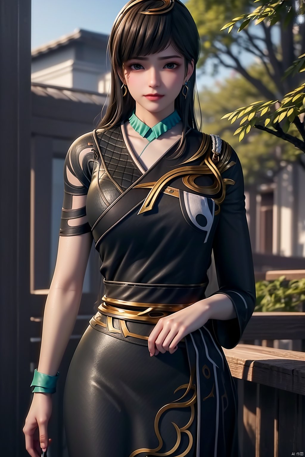 (8k, RAW photo, best quality, masterpiece:1.2), (realistic, photorealistic:1.3), ultra-detailed, extremely detailed cg 8k wallpaper, (crystalstexture skin:1.2), extremely delicate and beautiful,1girl,black, long hair, earrings,chinese clothes,dress,(big breasts),looking at viewer,cowboy shot,(outdoor:1.3),