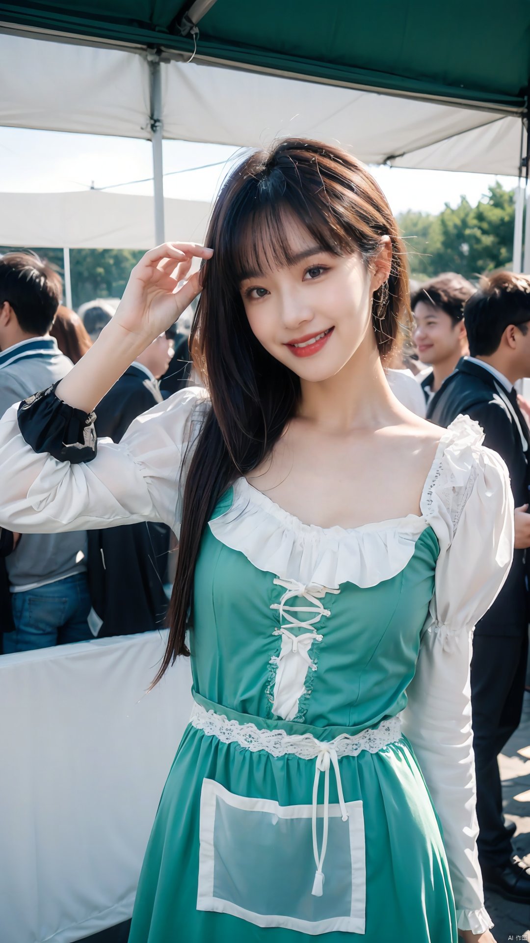  The image features a beautiful young Asian woman with long, brown hair. She is wearing a Dirndl, a traditional Bavarian dress, and is smiling brightly. The Dirndl is green and white checkered with a red apron, and the woman's white ruffled sleeves add a touch of elegance. The overall lighting in the image is warm and natural, creating a pleasant atmosphere. The colors are vibrant and well-balanced, with the green and white of the Dirndl standing out against the backdrop of the crowd. The woman's outfit and pose exude a sense of joy and liveliness, as if she is enjoying herself at a festival. Her smile conveys a sense of happiness and contentment, while her eyes look warm and friendly. It seems that she is comfortable in her surroundings and is open to socializing with others. This image captures a moment of joy and celebration, making it an interesting and engaging photograph.