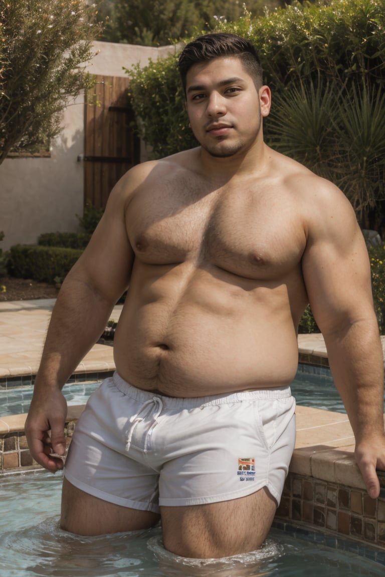 dynamic angle 26yo dg_Miguel man, plump, round belly, stubble, silly, shorts, jersey, in a jacuzzi <lora:dg_Miguel_v1:0.8>, 