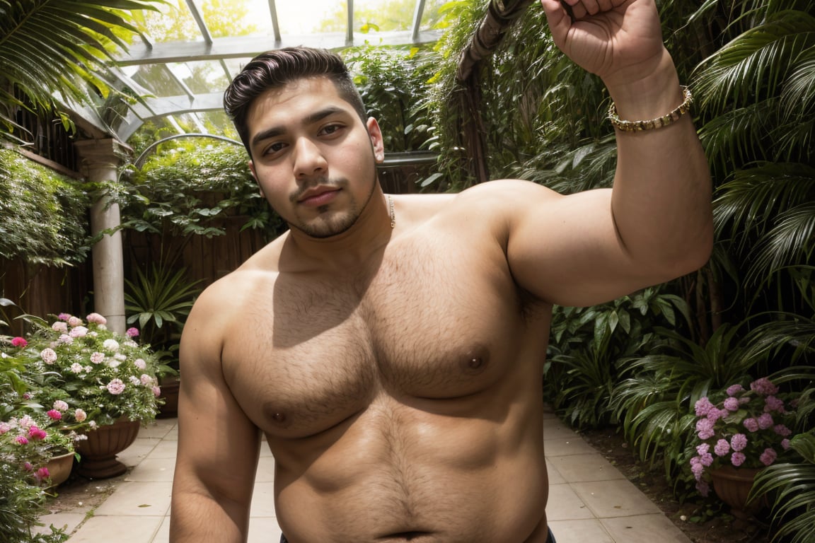 selfie 26yo dg_Miguel man, plump, tank top, stubble, lost, in a secret garden <lora:dg_Miguel_v1:0.8>, 