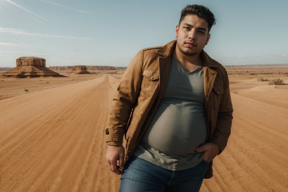 dynamic angle 26yo dg_Miguel man, plump, jacket, jeans, stubble, grossed out, on a desert road <lora:dg_Miguel_v1:0.8>, 