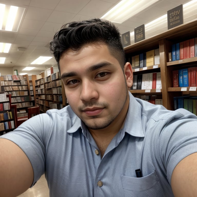 selfie 26yo dg_Miguel man, plump, dress shirt, dress pants, stubble, rushed, in a bookstore <lora:dg_Miguel_v1:0.8>, 