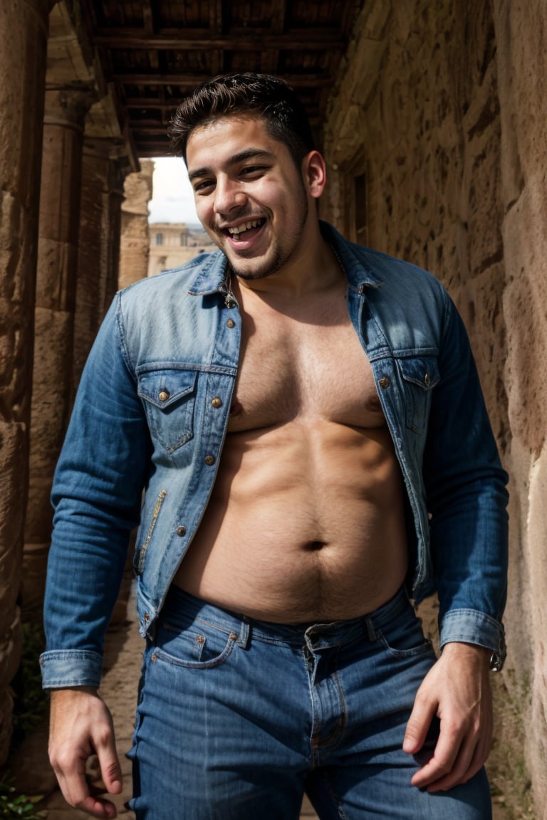 dynamic angle 26yo dg_Miguel man, plump, jacket, jeans, stubble, laughing, in ancient rome <lora:dg_Miguel_v1:0.8>, 