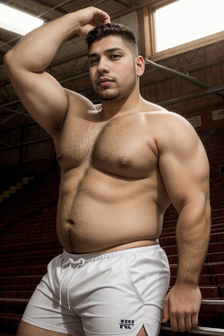 selfie 26yo dg_Miguel man, plump, round belly, stubble, grieving, shorts, jersey, in a gymnasium <lora:dg_Miguel_v1:0.8>, 