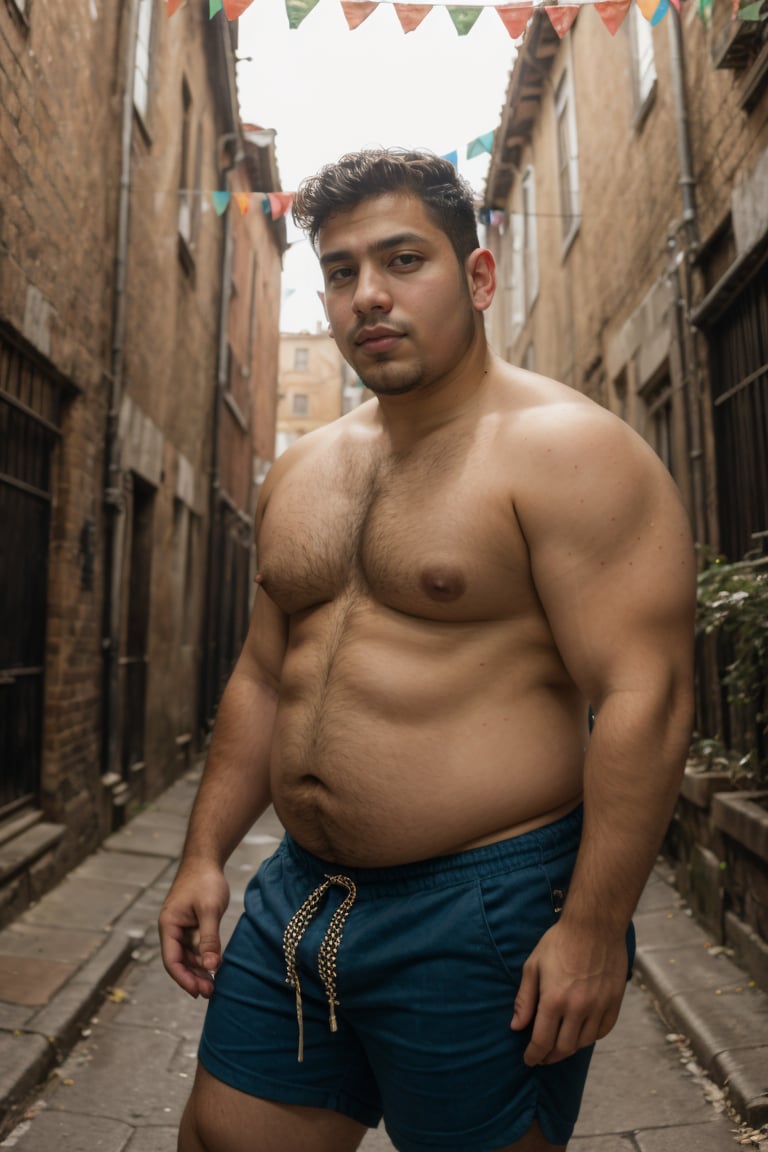 selfie 26yo dg_Miguel man, plump, round belly, stubble, rushed, shorts, jersey, in a dimly lit alleyway <lora:dg_Miguel_v1:0.8>, 