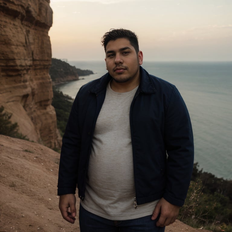 portrait 26yo dg_Miguel man, plump, jacket, jeans, stubble, depressed, on a cliff <lora:dg_Miguel_v1:0.8>, 