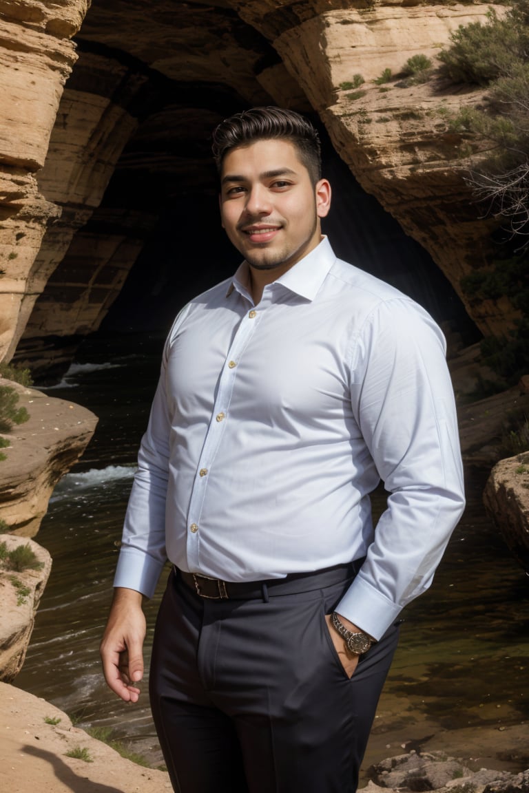 portrait 26yo dg_Miguel man, plump, dress shirt, dress pants, stubble, delighted, on a cliff <lora:dg_Miguel_v1:0.8>, 