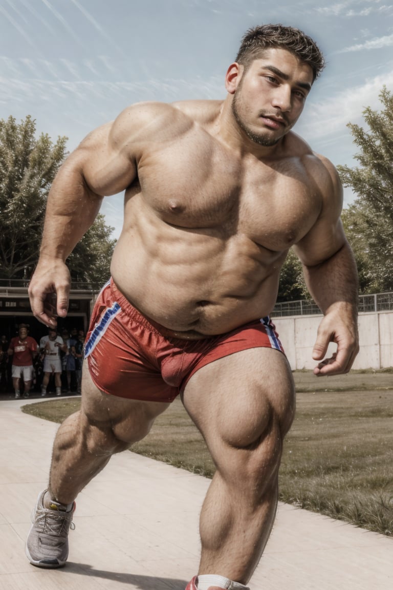 epiCPhoto,  best quality, masterpiece, intricate details, NSFW RAW photo, (26yo dg_Miguel man, facial stubble, (plump:0.8) round belly, <lora:dg_Miguel_v1:0.8> ) (running shorts, performance singlet, running shoes), alluring, suggestive, Homoerotic, (lunar base)