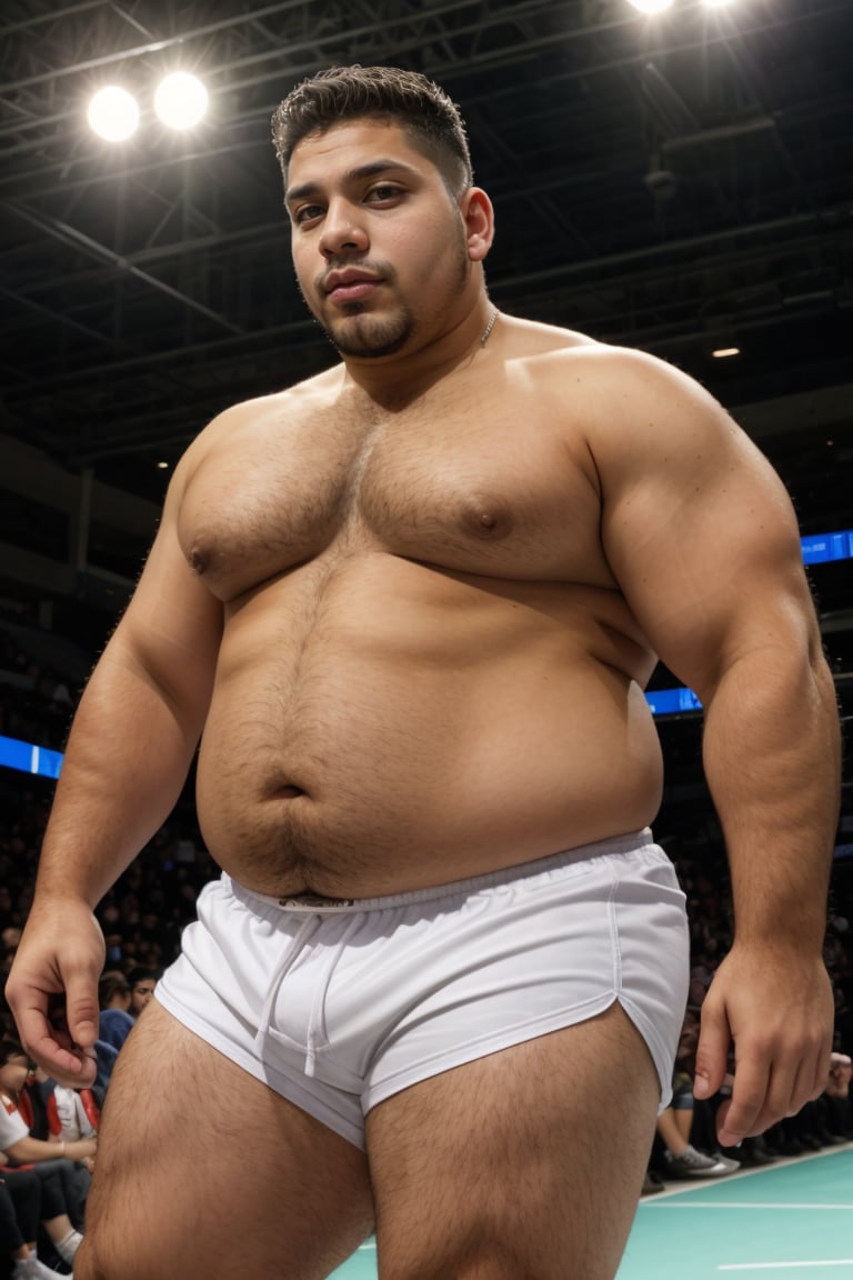 dynamic angle 26yo dg_Miguel man, plump, round belly, stubble, greedy, shorts, jersey, on a catwalk <lora:dg_Miguel_v1:0.8>, 