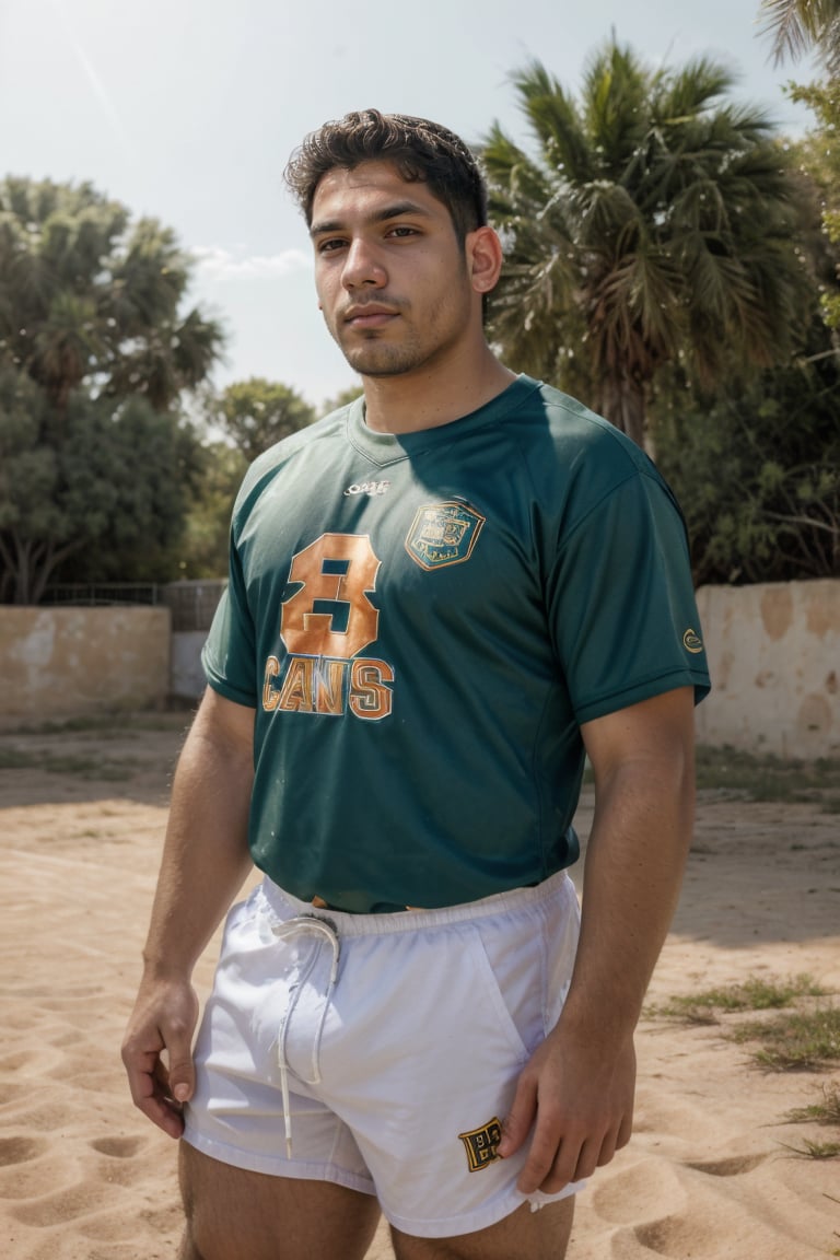 portrait 26yo dg_Miguel man, defensive, (shorts, jersey), in the distant past <lora:dg_Miguel_v1:0.8>, 