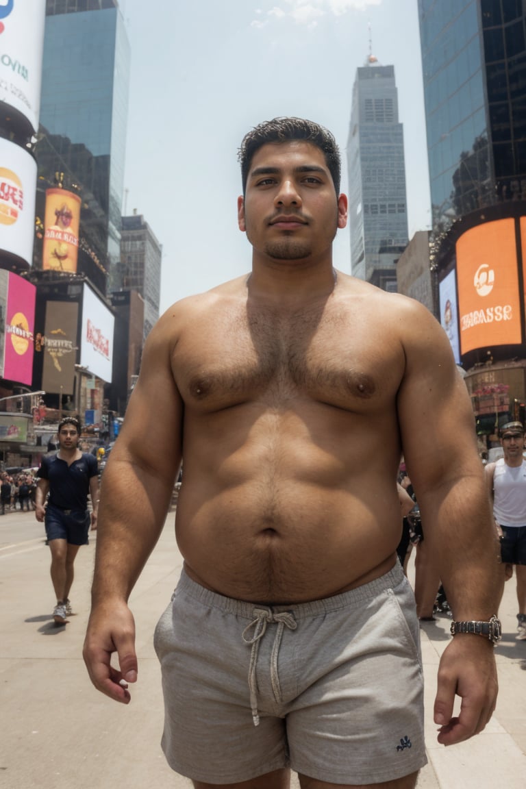 selfie 26yo dg_Miguel man, plump, round belly, stubble, teasing, shorts, jersey, in times square <lora:dg_Miguel_v1:0.8>, 