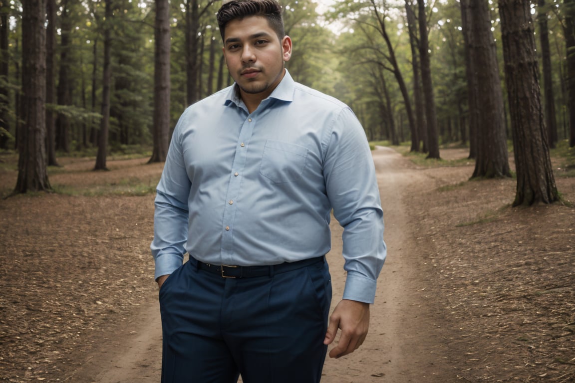 dynamic angle 26yo dg_Miguel man, plump, dress shirt, dress pants, stubble, uncomfortable, in an enchanted woodland <lora:dg_Miguel_v1:0.8>, 