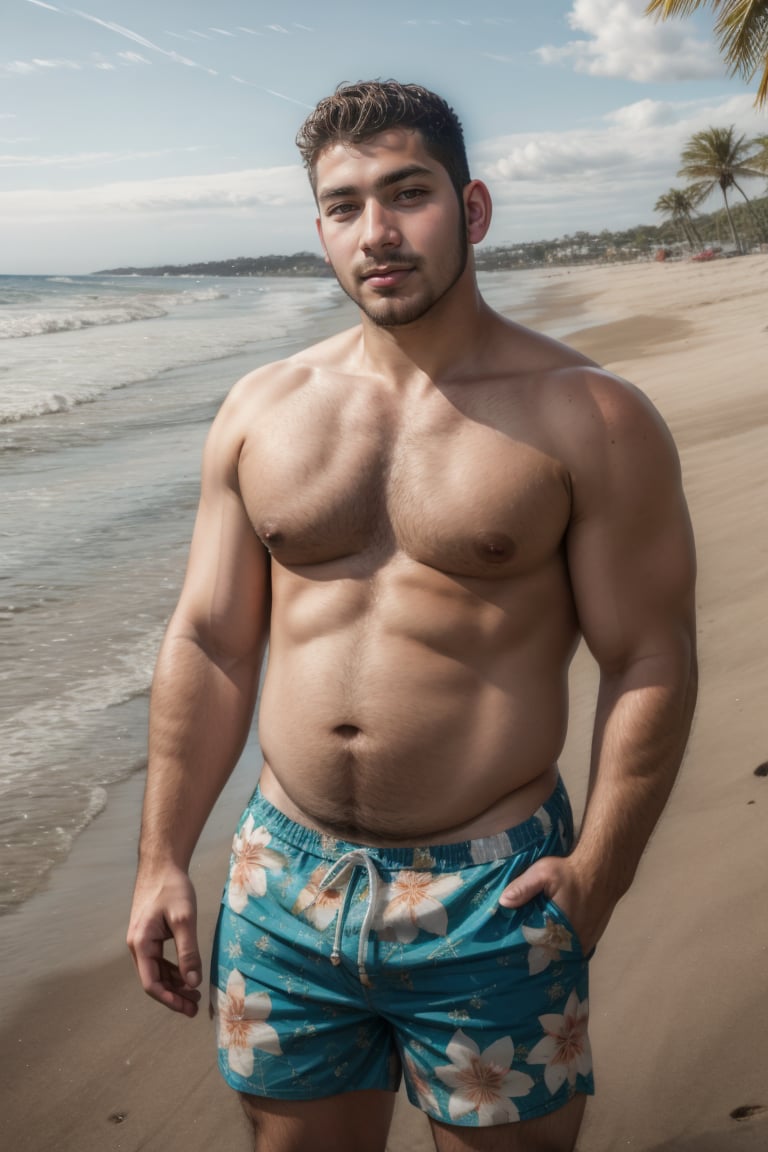 candid photograph, dg_Miguel <lora:dg_Miguel_v1:0.8> 26yo man, stubble, , detailed realistic face,  summer, beach, swim trunks,