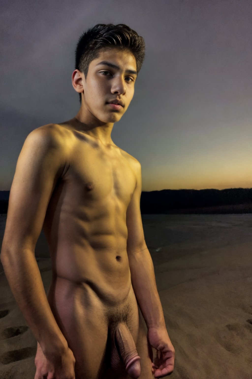 candid photograph, photo of an average  slender dg_Luis <lora:dg_Luis_v1:0.8> 18yo 1boy, stubble, ,  naked, redneck, outdoors, nighttime, beach, (broad shoulders:0.6), 8k uhd, high quality, dramatic, cinematic, (skin imperfections), flaccid, pubic hair, waning light, dark background, flash photography, 