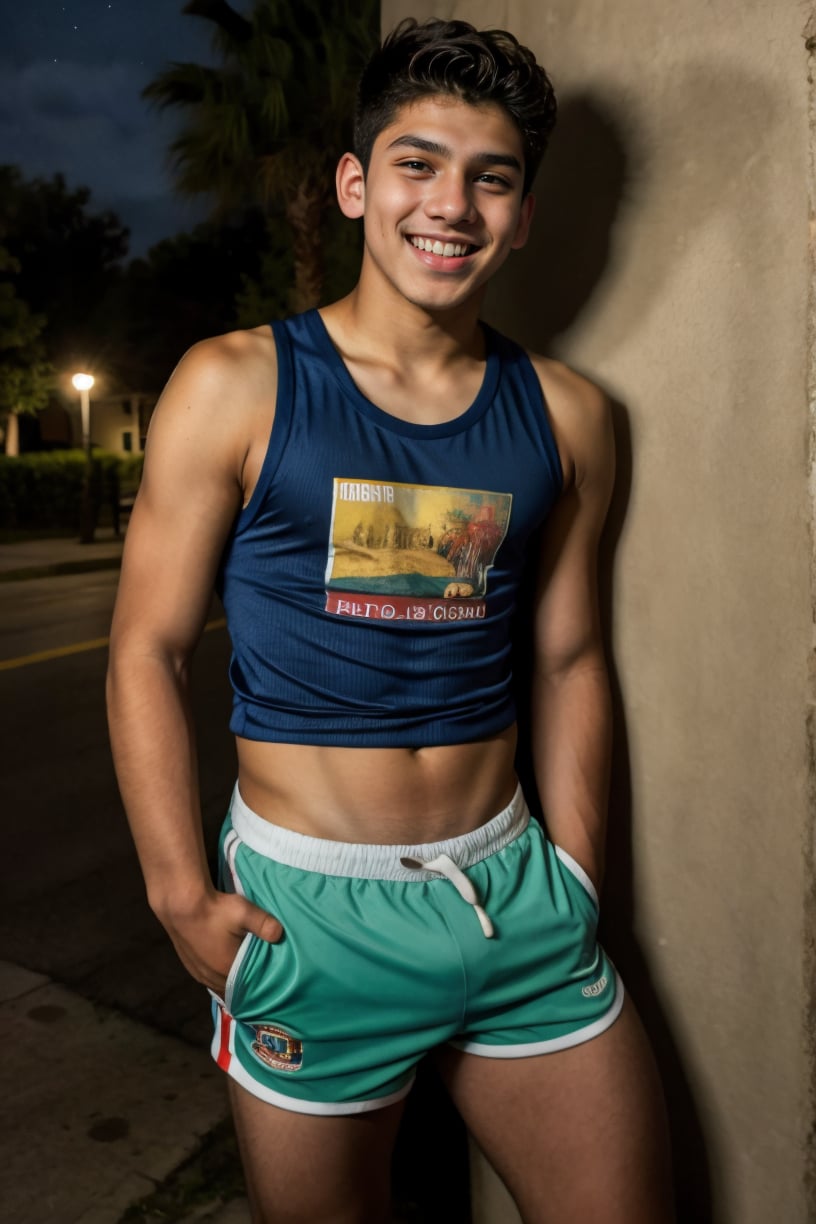 Photograph of a 19yo dg_Luis boy, (masterpiece, best quality), tank top, shorts, streets, nighttime, laughing,<lora:dg_Luis_v1:0.8>