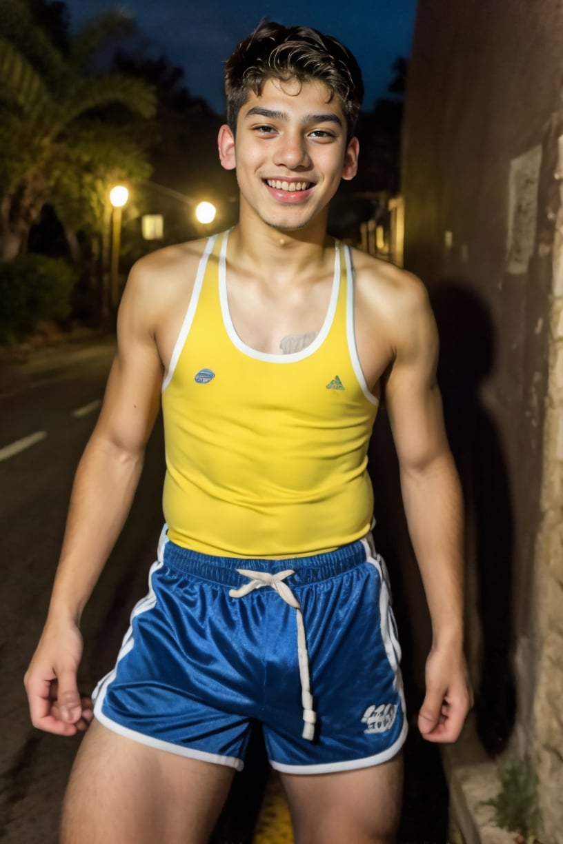 Photograph of a 19yo dg_Luis boy, (masterpiece, best quality), tank top, shorts, streets, nighttime, laughing,<lora:dg_Luis_v1:0.8>