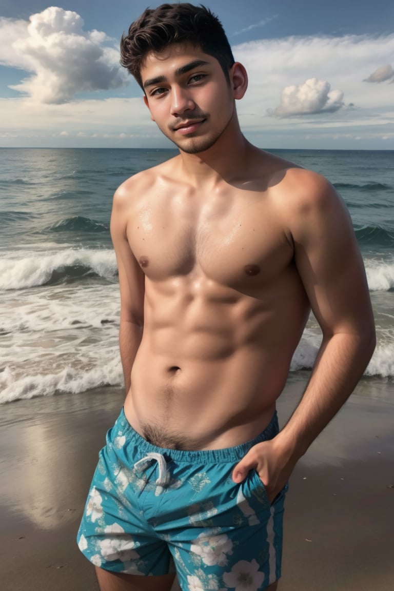 candid photograph, dg_Luis <lora:dg_Luis_v1:0.8> 18yo 1boy, stubble, , detailed realistic face,  summer, beach, swim trunks,