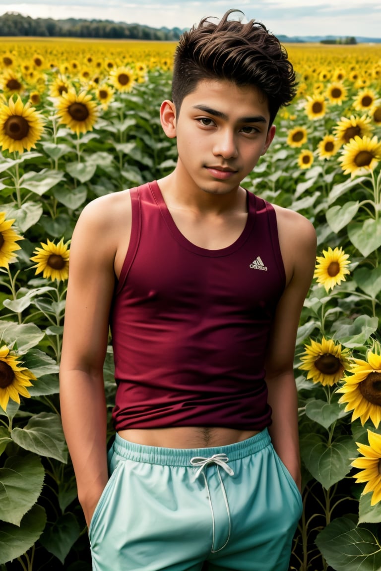 dynamic angle 18yo slim dg_Luis boy, slim, (tank top), hopeful, in a sunflower meadow <lora:dg_Luis_v1:0.8>, 