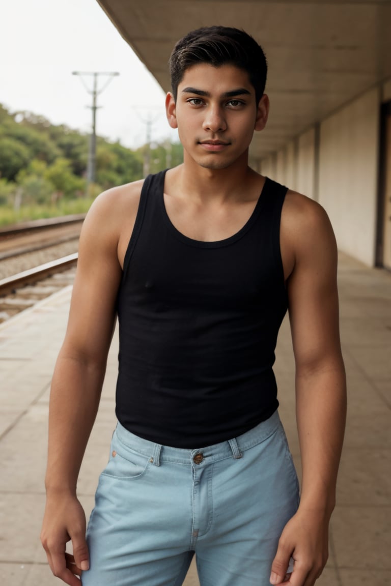 selfie 18yo slim dg_Luis boy, slim, (tank top), disappointed, at a train station <lora:dg_Luis_v1:0.8>, 