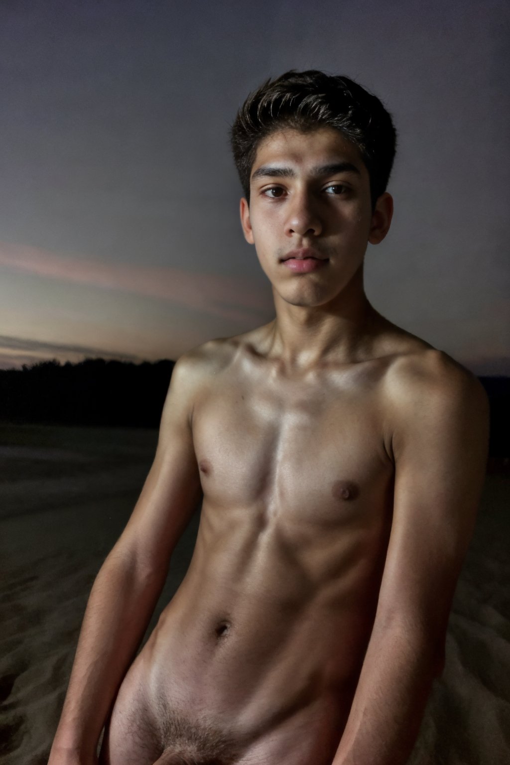 candid photograph, photo of an average  slender dg_Luis <lora:dg_Luis_v1:0.8> 18yo 1boy, stubble, ,  naked, redneck, outdoors, nighttime, beach, (broad shoulders:0.6), 8k uhd, high quality, dramatic, cinematic, (skin imperfections), flaccid, pubic hair, waning light, dark background, flash photography, 