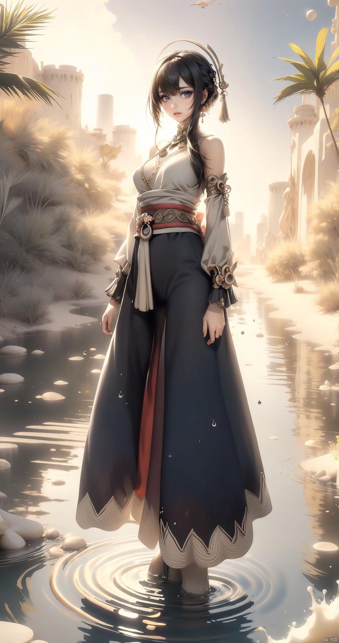  (masterpiece, best quality, best shadow,official art,Ultra High Definition Picture),
1 girl,standing by water, full body is wet,
Desert Oasis Background, Ancient Egypt,lake
kandisi, Hyung Tae Kim, Milkstyle