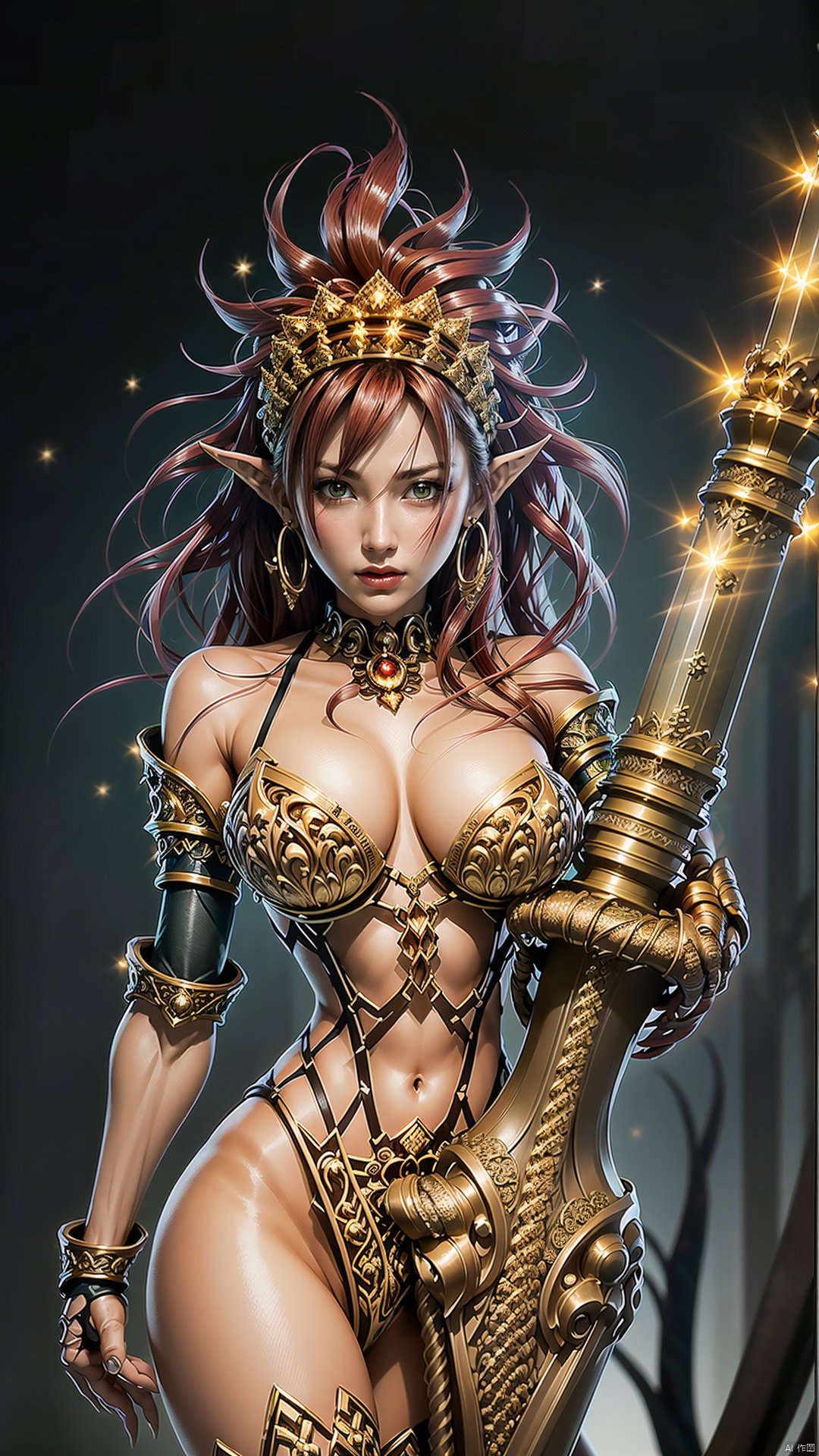 highly insanely detailed, masterpiece, top quality, best quality, highres, 4k, 8k, RAW photo, (1girl),solo,victory, red hair,long hair, spiked hair, red lips, pasties, gold bikini armor,gloves, elbow gloves, detached sleeves, red gems, pointy ears, boots, thighhighs,
green eyes,
angry,
night, fireflies,
 holding weapon, (large sword),  (fighting stance), dynamic pose,
large breasts,
blurry background,
forest, destruction, magic, 
(dynamic weather), (random colors), (dynamic colors), , VICTory, Lactating, Fullbodytat, BY MOONCRYPTOWOW, NSFW, Armor,HOOP EARRinGs