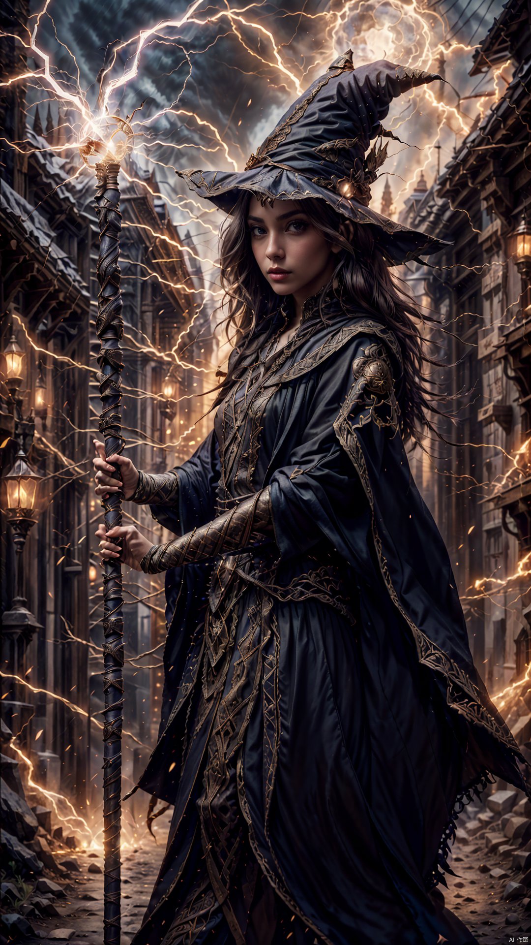 photo of a swedish woman, thunder-staff, electricity, outdoors, holding staff, wizard robe, witch hat, from side, realistic, masterpiece, intricate details, detailed background, depth of field, thunder staff, VICTory, BY MOONCRYPTOWOW