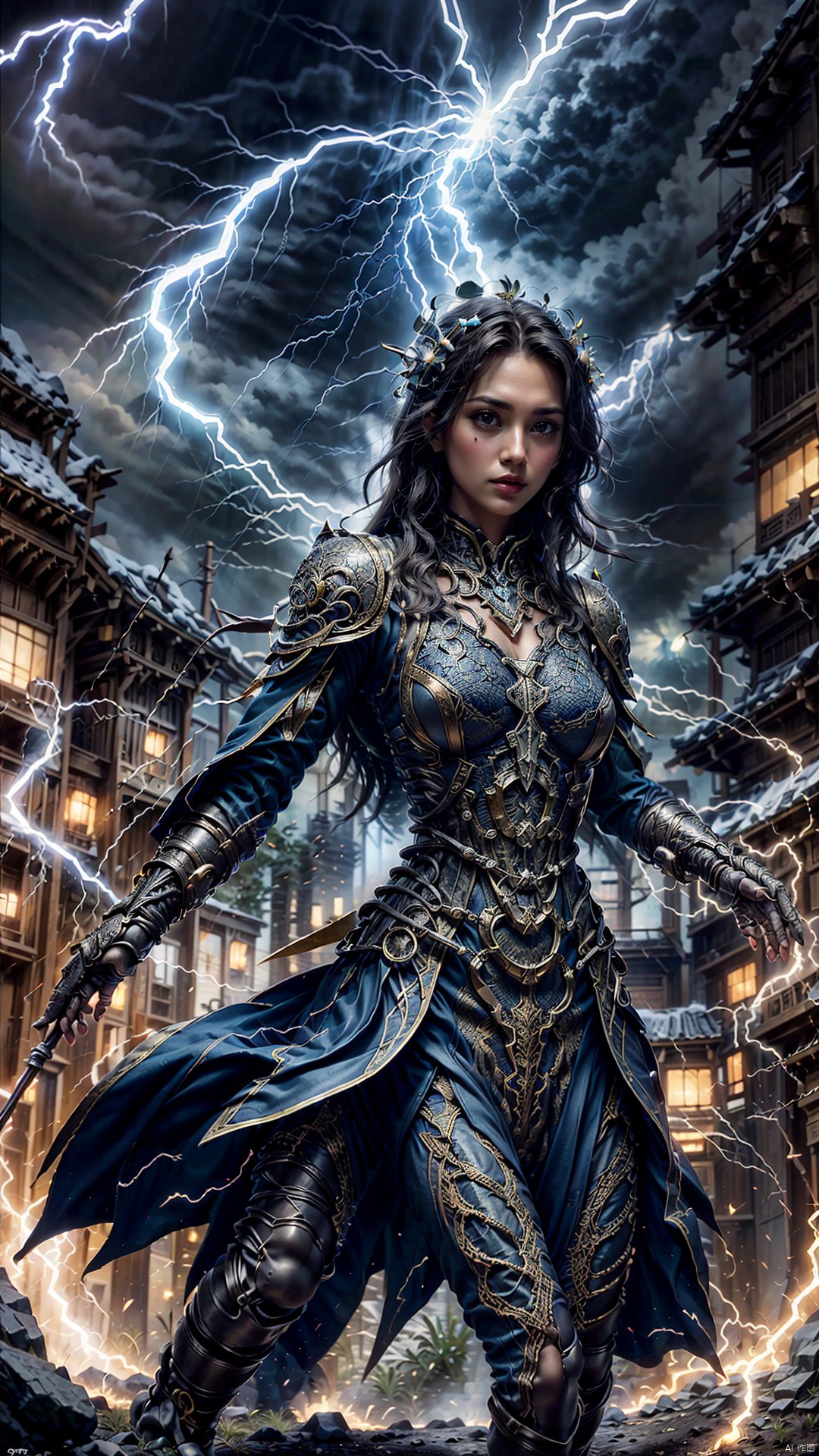 photo of a filipino woman, thunder-hands, electricity, outdoors, open field, exosuit, (from side:0.7), shooting lighting from hands, fighting stance, casting spell, hand slightly raised, (lightning bolt), realistic, masterpiece, intricate details, detailed background, depth of field, thunder staff, BY MOONCRYPTOWOW